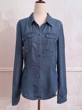 Guess Natalie Shirt Chambray Lyocell Button Down Slim Fit Flap Pocket M